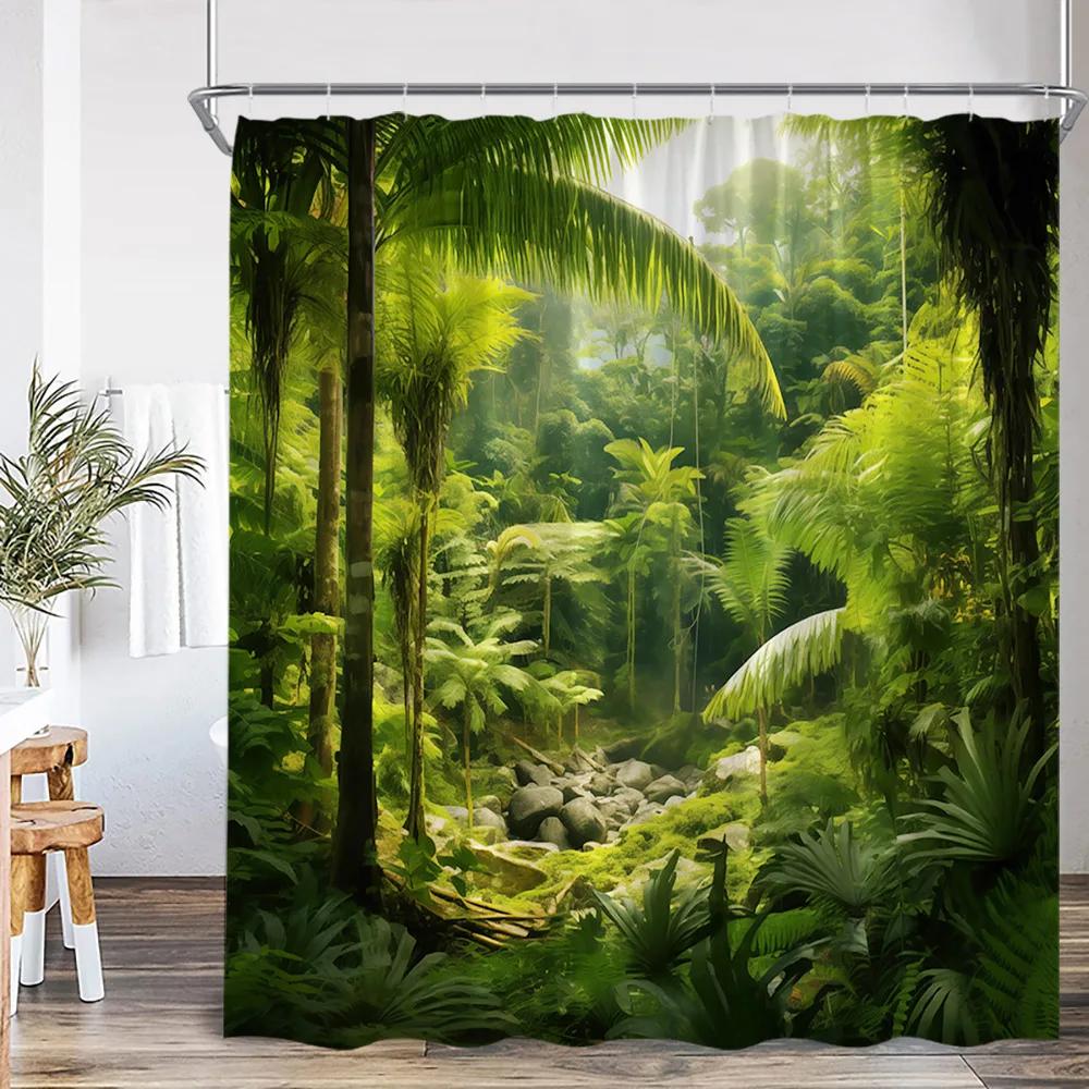 Nature Landscape Showewer Curtains Forest Green Plant Trees Bathroom Curtain Polyester Fabric Bath Decor for Home