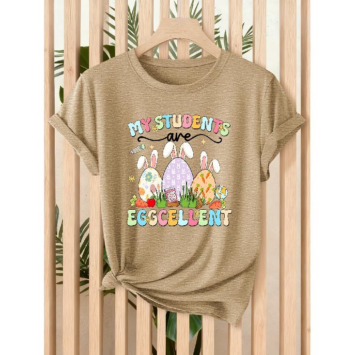 [Follow a Specific Direction] Teacher's Exclusive Easter Lady T Shirt My Students Eggcellent Printing Spring and Summer Easter Celebration and Daily