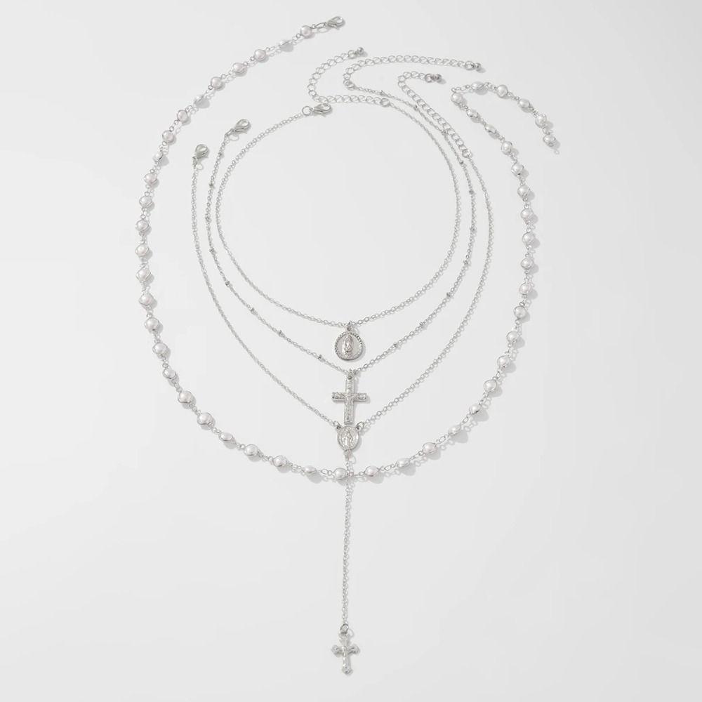 Cross Cross Pendant Necklace Multilayer Clavicle Chain Simple Imitation Pearl Necklace  Gift
