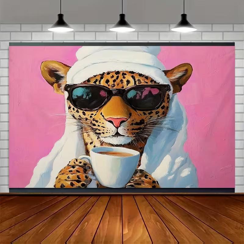 2D Leopard with Sunglasses & Coffee Backdrop for Bedroom Decor and Girly Party
