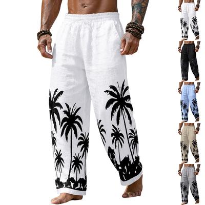 Pantaloni Lunghi Stampati da Uomo in Lino Stile Hawaiano Gamba Dritta