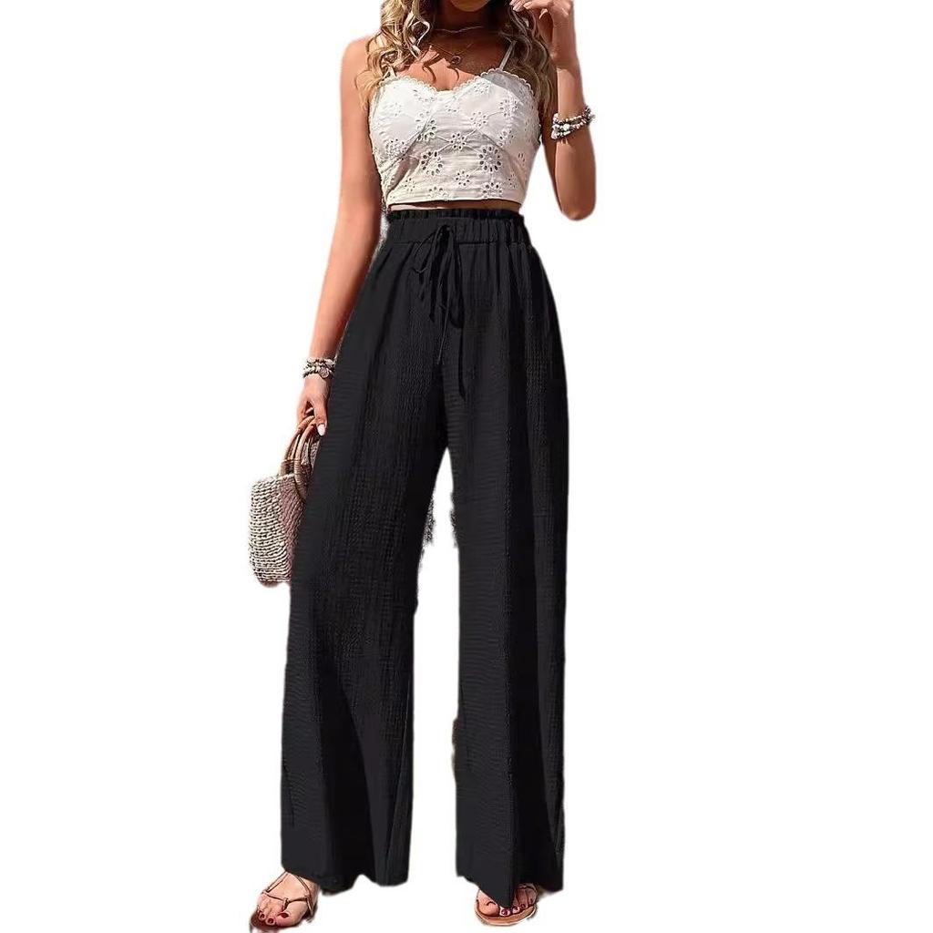 Pantaloni Larghi a Vita Alta Elastica da Donna Estivi Casual da Spiaggia Femminili Pantaloni Lunghi Ampi
