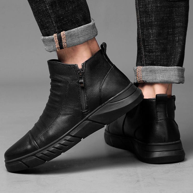 Winter Men'S Snow Boots Ankle Shoes Man Genuine Leather Plush Men Motorcycle Boots Chelsea Warm Winter Outdoor Shoes Size 36-46