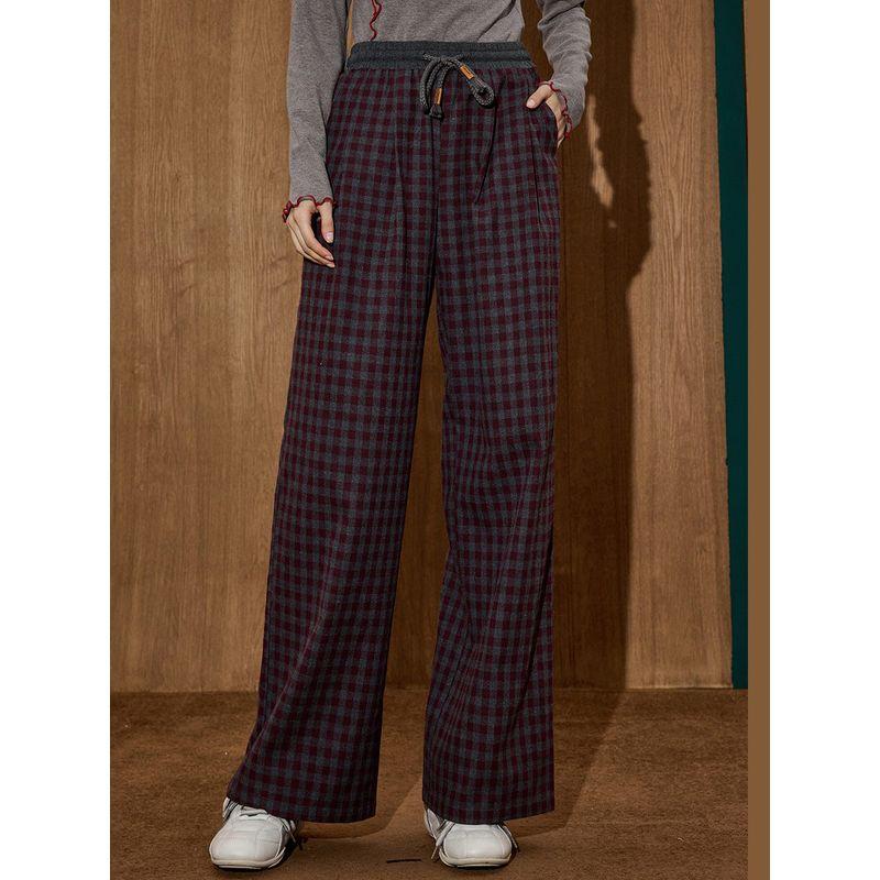 Coolhut25 New Autum Women's Fashion Casual Versatile Plaid Coffee Plaid Wide-Leg Straight Casual Pants