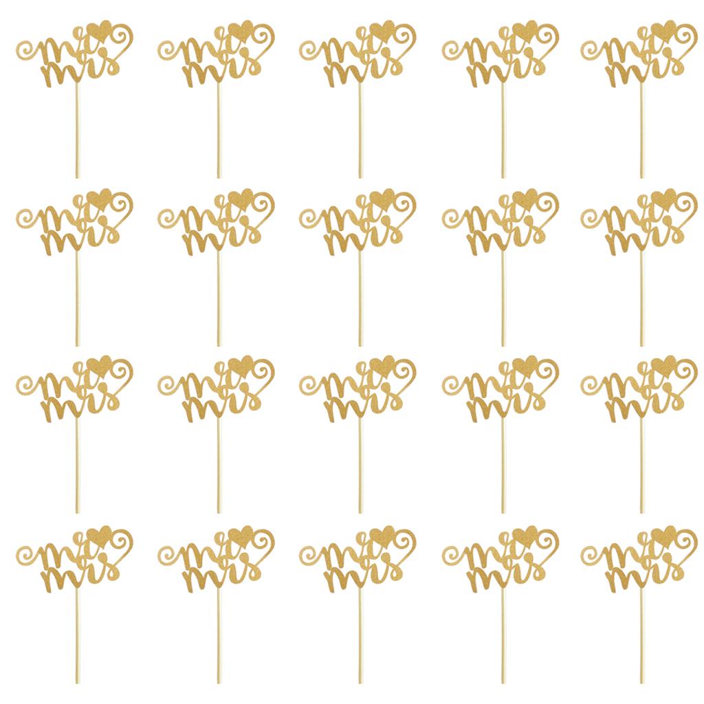 Wedding Cake Topper Pack Glitter Mr Mrs Heart Paper Cupcake Toppers Party Decoration for Engagement Reception