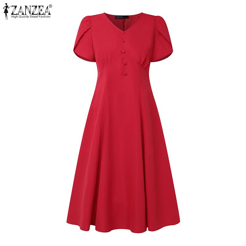 ZANZEA Women Casual V-Neck Short Sleeve Summer Dress