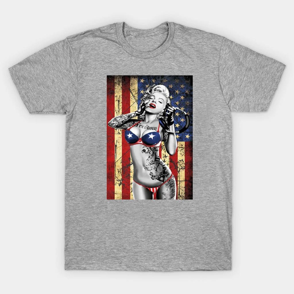 Freedom US Flag DJ Music Gangsta Sexy Tattoos Marilyn Monroe T-Shirt. Summer Cotton Short Sleeve O-Neck Mens T Shirt New S-3XL
