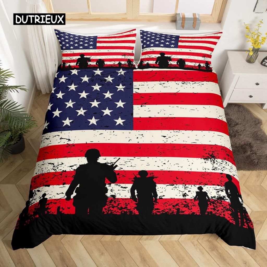 American Flag and Fire Truck Duvet Cover Set Twin Comforter Cover with Pillowcase Bedclothes USA Flag Fire Polyester Qulit Cover
