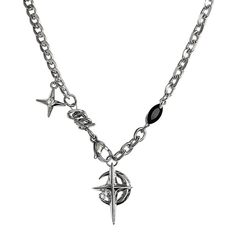 Mens Stainless Steel Silver Star Compass Pendant Necklace Hip Hop Punk Twisted Chain Black Stone Cubic Zirconia Jewelry