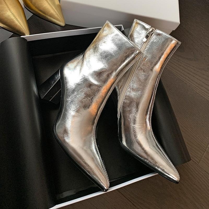 

Яскраві шкіряні ботильйони на блочному каблуці Осінні нові з гострим носком Бокова блискавка Протиковзкі зносостійкі високі підбори 38