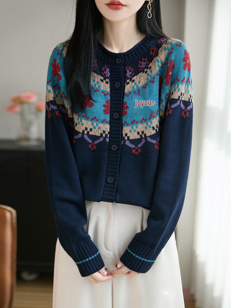 2026 Spring-Autumn Sticky Rice Velvet Knit Cardigan - Thick Rolled Edge, Round Neck, Jacquard Design for Women.