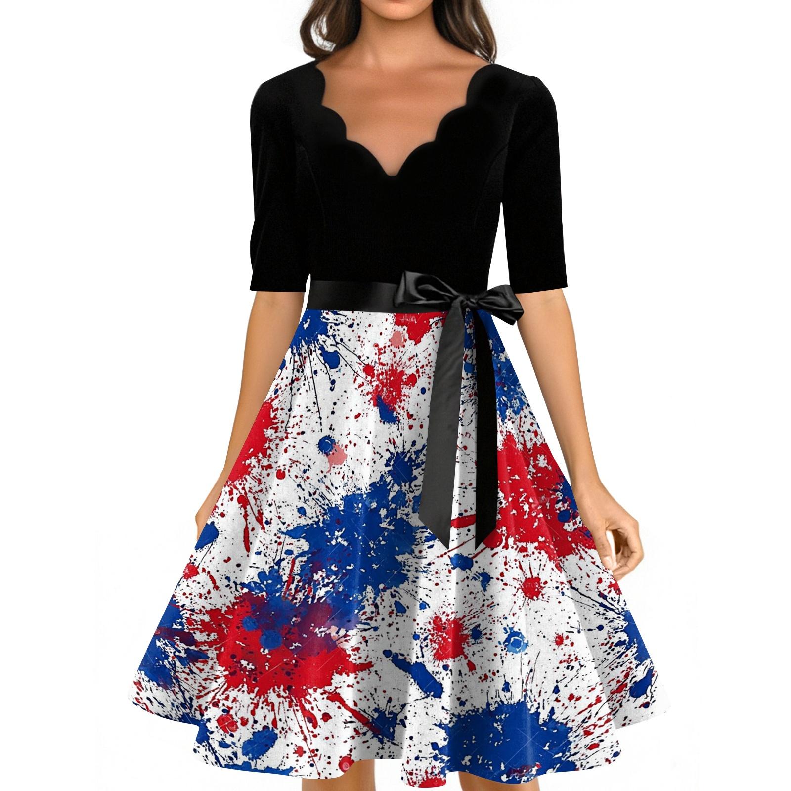 

Женское повседневное модное платье с принтом ко Дню Независимости, V-образным вырезом, в ретро-стиле, с коротким рукавом XXL синий