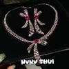 Court Dopamine Rouge Pink Bow Gemstone Necklace Haute Couture Jewelry, French Butterfly Flash Diamond Earrings Set