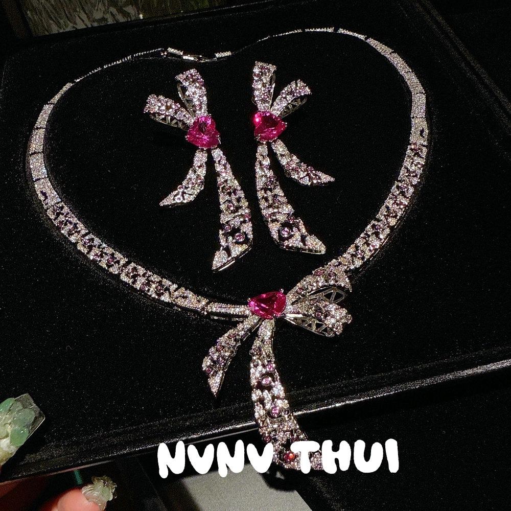 Court Dopamine Rouge Pink Bow Gemstone Necklace Haute Couture Jewelry, French Butterfly Flash Diamond Earrings Set