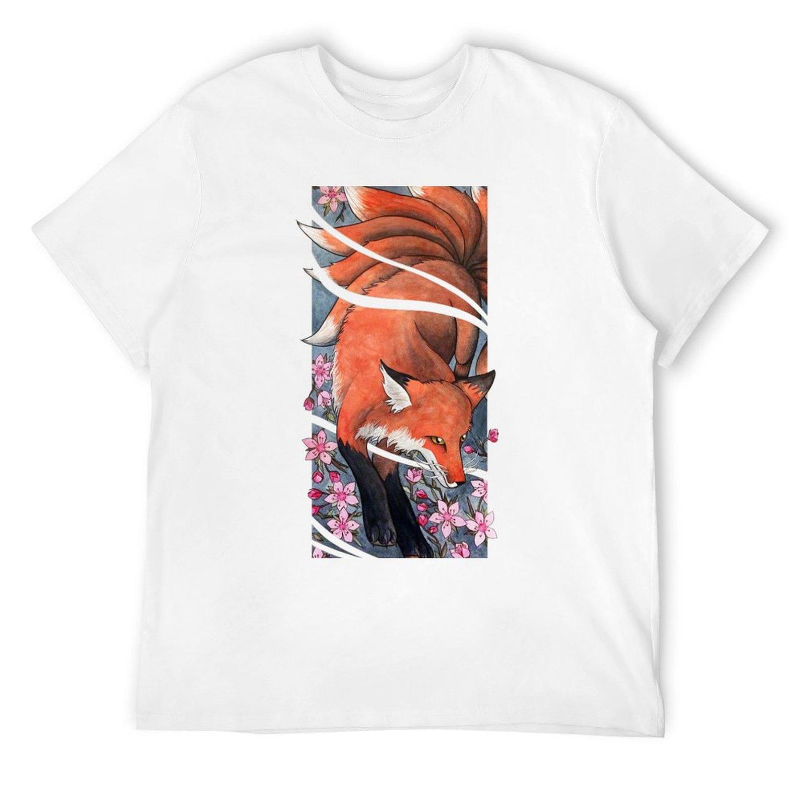 Футболка с девятихвостой лисой / Кицунэ и вишневым цветом, новое издание, мужская одежда, топы, мужские футболки, набор S