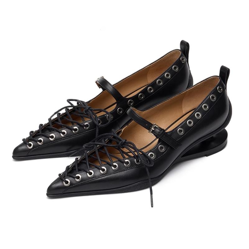 

Fashion Retro Pointed Toe Lace-up Sewing Strange Style Pumps Women Fashion Rivets Buckle Design Office Shoes England Style Zapatos Mujer 39