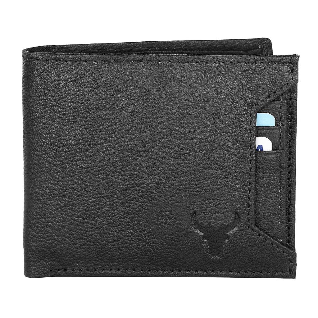 Black Leather Wallet for Men I 3 Card Slots I 2 Currency Compartments I 1 ID Window I 3 Secret Compartments I External Card Slot I 1 Coin Pocket