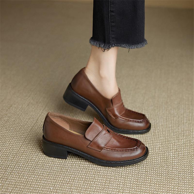 Fashion New Spring/autumn Genuine Leather Women Shoes Round Toe Loafers Shoes for Women Fashion Versatile Women Pumps Chunky High Heel