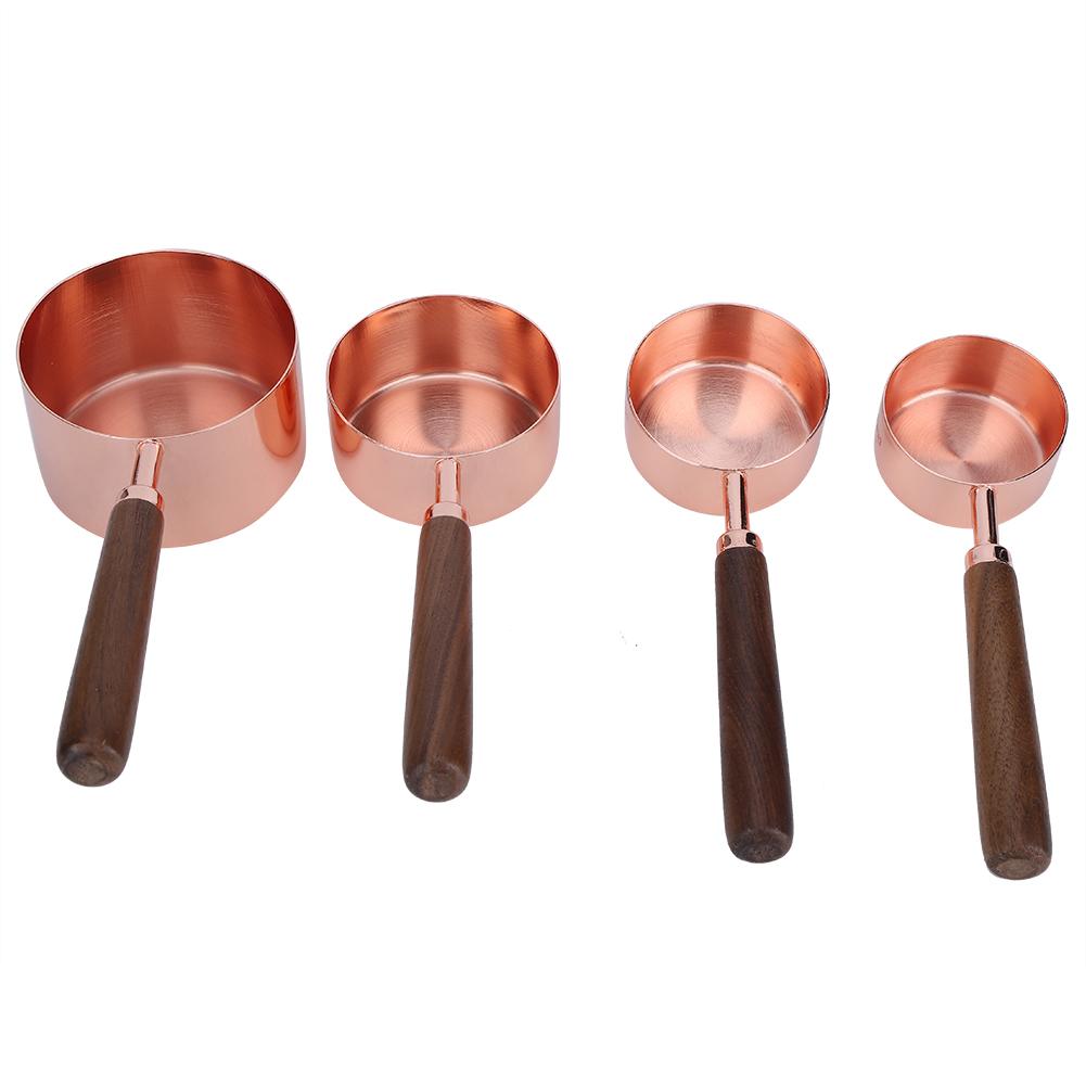 4PCS Set Rose Gold Measuring Cup Spoon with Scale Thickened Wooden Handle Home Baking Tool