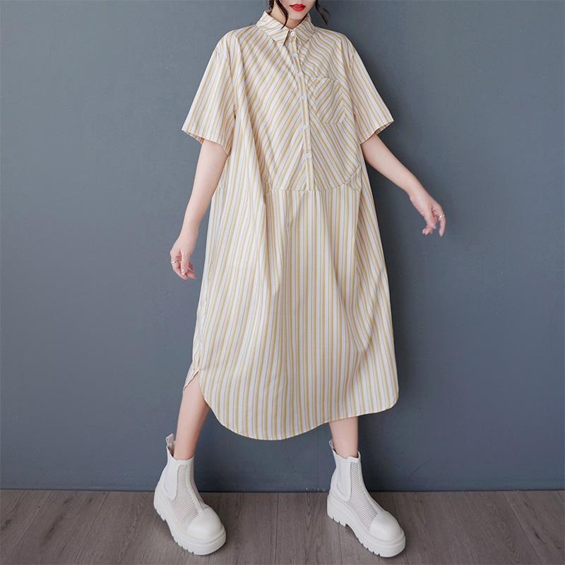 

Новое платье в винтажную полоску с коротким рукавом больших размеров для женщин, повседневное свободное длинное летнее платье жёлтый