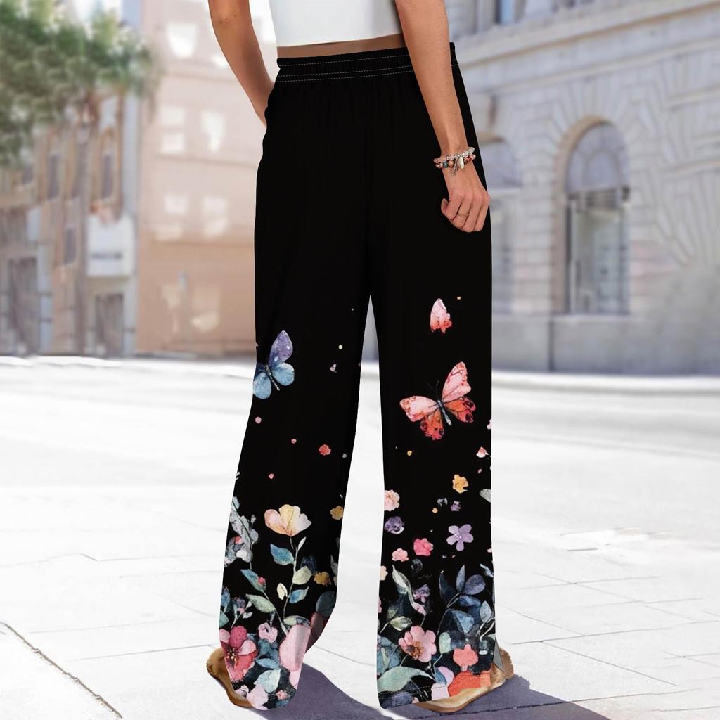 Women's Printed Wide Leg Pants With Pockets High Waist Drawstring Loose Casual Pants