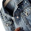 Women's Short Denim Jacket Beaded Pearl Jacket Loose Spring and Autumn Denim Jacket