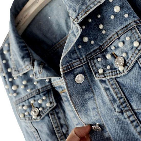 Women's Short Denim Jacket Beaded Pearl Jacket Loose Spring and Autumn Denim Jacket