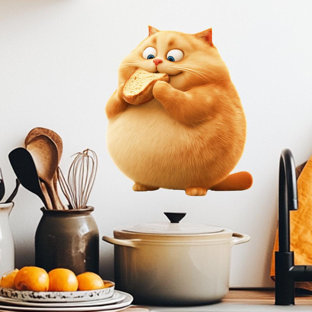 Verspielter dicker Katze isst Brot Wandaufkleber Selbstklebend Abnehmbare Decals für Kinderzimmer Kinderzimmer Wanddeko
