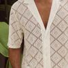 Men's Cuban Collar Shirt Casual Hollow Out Knitted Button Down Shirt