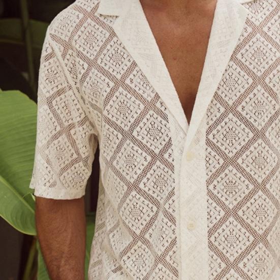 Men's Cuban Collar Shirt Casual Hollow Out Knitted Button Down Shirt