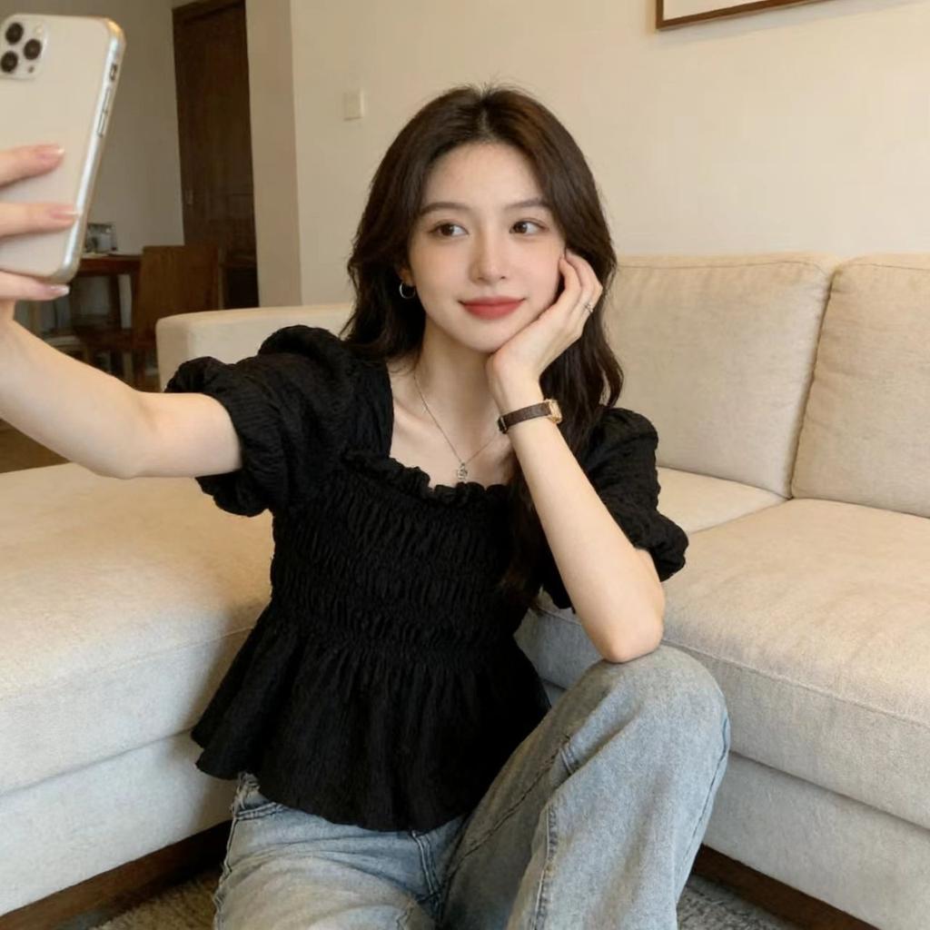 Princess Short Spice Girl Square Neck Tea Break Light Color New Flared Skinny Casual French Casual Short Sleeve Top Women