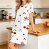 Women Short Sleeve Sleep Dress, Round Neck, Cute Red Cherry, Heart And Bow All Over Print, Lightweight Comfort Home Loungewear