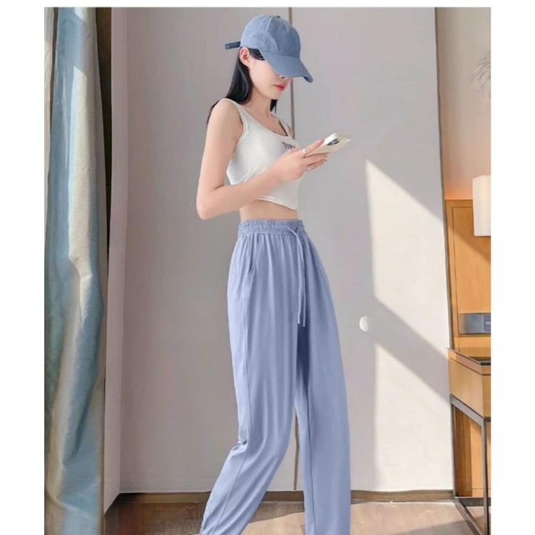 Womens Ice Silk Summer Sports Pants High Waist Straight Leg Ankle Cuff Sun Protection Workout Trousers