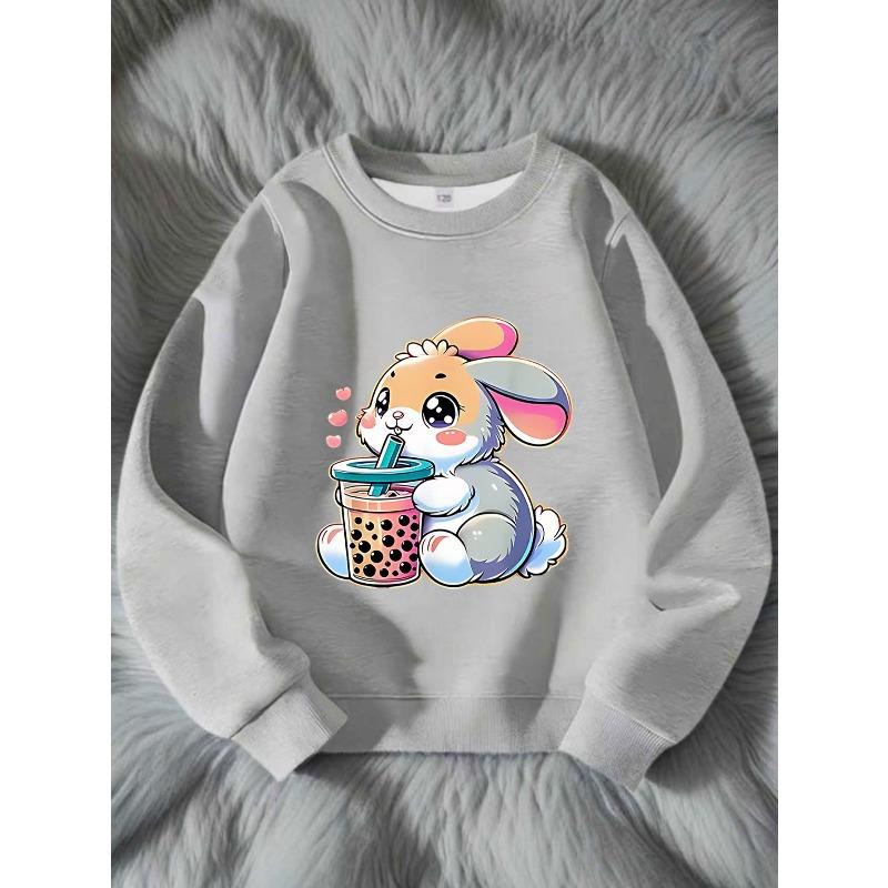 Kids Cartoon Rabbit Print Crewneck Long Sleeve Sweatshirt, Cute Fashion New Outfit for Autumn