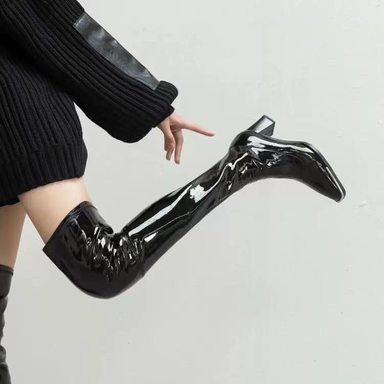 Patent leather square head boots women's 2024 new thick heel thick sole fashion temperament big leg boots knight boots tide