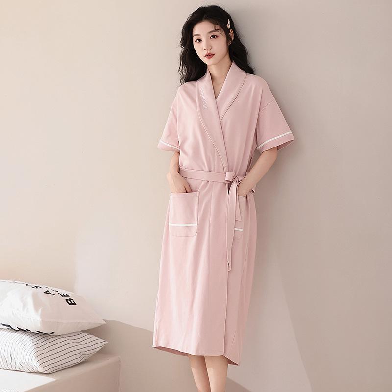 Women s Casual Mid-Length Cotton Pajama Robe - Short Sleeve, Belted, Summer Homewear XXL