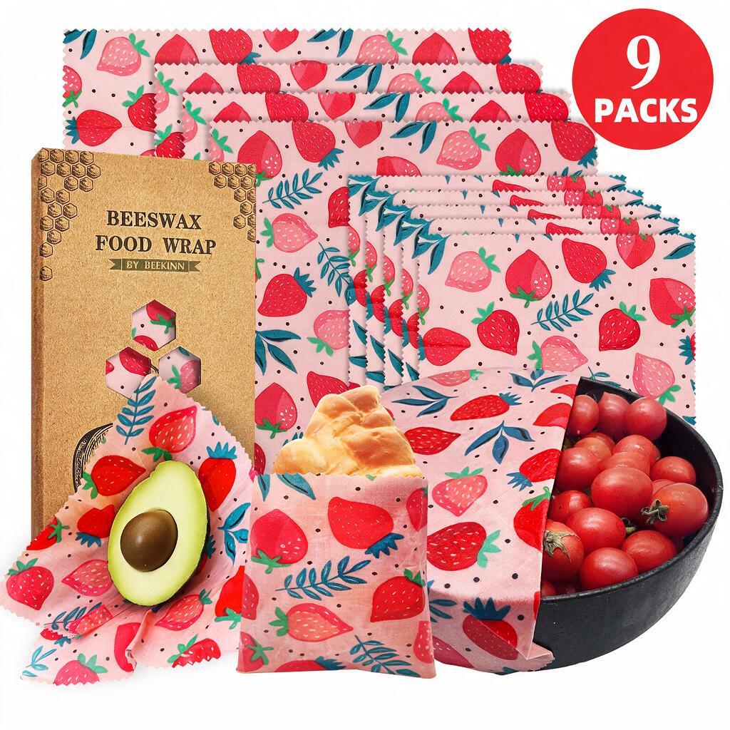 9 Pack Beeswax Food Wraps, Food Grade Reusable Beeswax Cloth, Eco-Friendly Food Storage Wraps