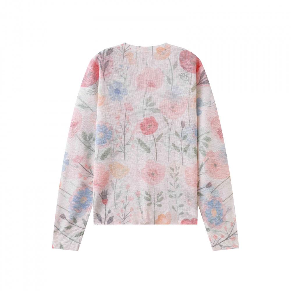 Summer Women's Floral Print Long Sleeve Knit O-Neck Cardigan Lightweight Casual Sweater Jacket Anti-Darkness Design