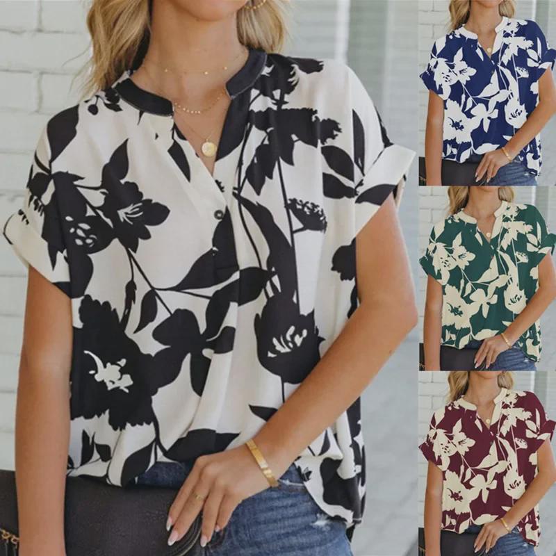 

2023 Summer Women s Loose Printed V-Neck Button Chiffon Shirt 2XL
