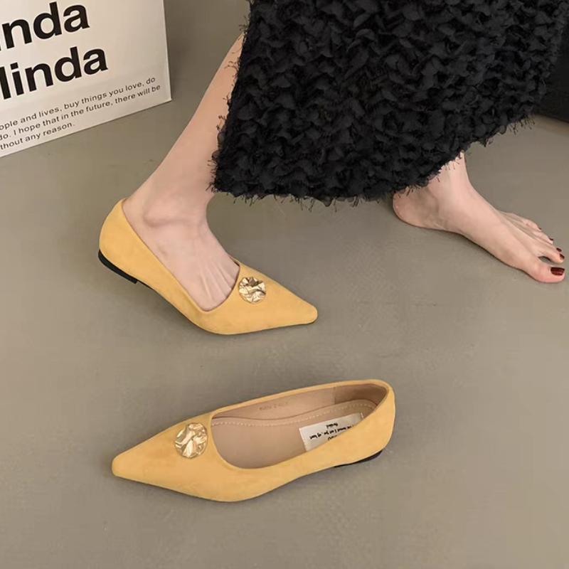 Frühling Neue Flache Schuhe Damen Spitzkopf Flacher Ausschnitt Wildleder Metallschnalle Weiche Sohle Rutschfest Verschleißfest Einzelne Schuhe
