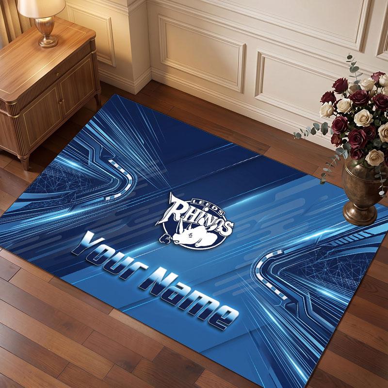 Leeds Rhinos Personalized Crystal Velvet Carpet, Customized Name Text Soft Anti‑Slip Rug for Living Room Bedroom