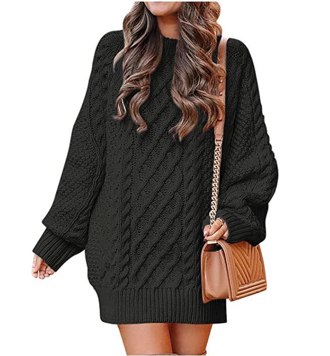 Women's Plus Size Loose Knit Sweater with Semi-High Neck - Chunky and Solid Color