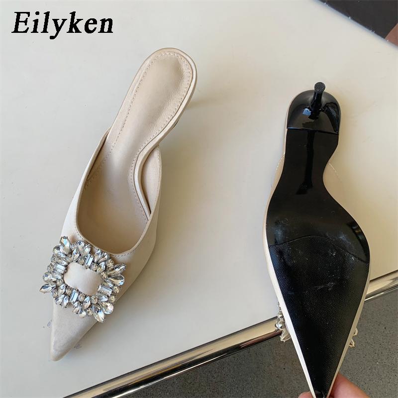 

Fashion Eilyken 2025 New Autumn Metal Decoration Crystal Silk Slippers Women Pointed Toe Stripper High Heels 6CM Party Prom Lady Shoes 35