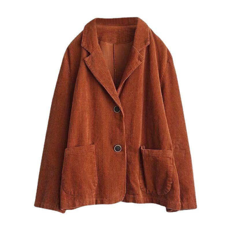 Spring 2023 Women's Corduroy Suit Collar Jacket - Retro Casual Solid Color Long Sleeve Outerwear