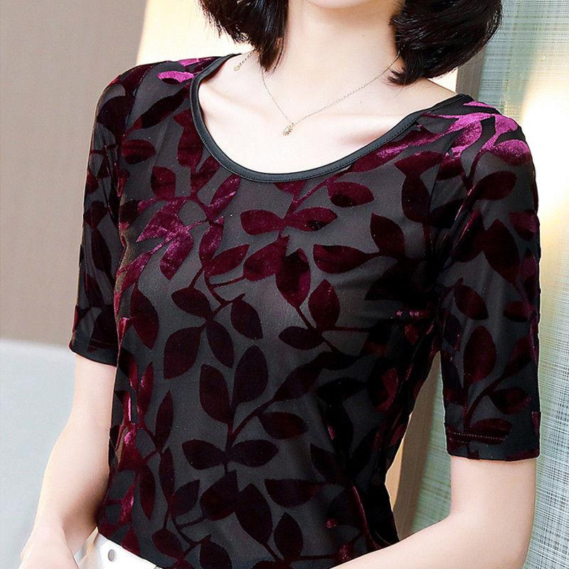 

Круглый вырез, бархат, рукава средней длины, облегающая футболка в стиле вестерн, женская танцевальная одежда на весну и лето, майка больших размеров XXXL