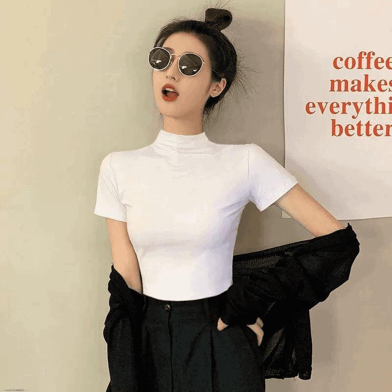 

White short-sleeved T-shirt women s spring and summer 2025 new half-turtleneck temperament slim-fitting half-sleeved t-shirt bottoming shirt top M белый