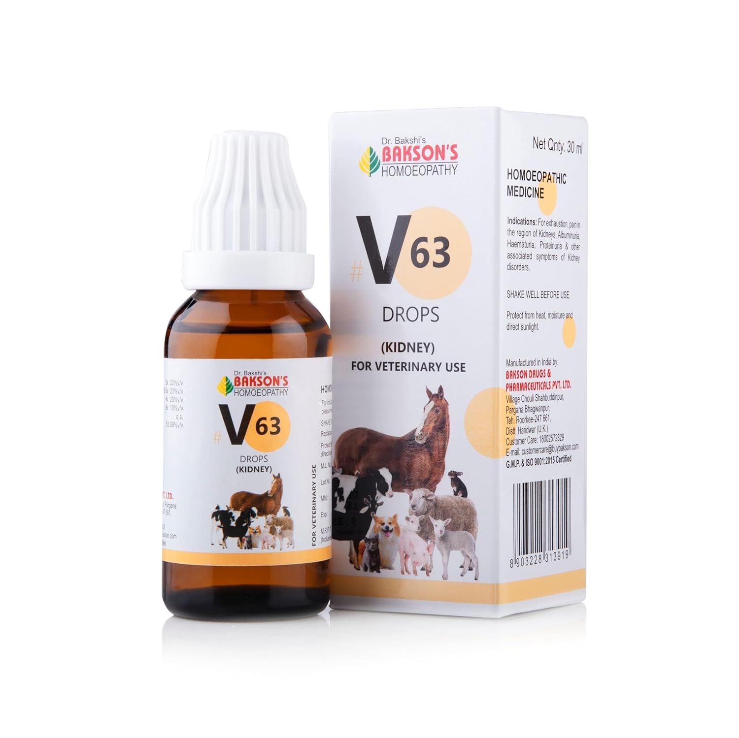 

Bakson Veterinary V63 Kidney Drops 30ml Pack for Small & Large Animals Natural Support