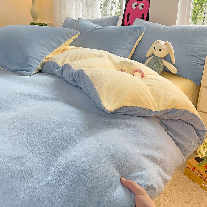 Thickened Milk Fleece Four-Piece Set, Milk Fleece Coral Fleece Bed Sheet Quilt Cover Double-Sided Flannel Bed Three-Piece Set