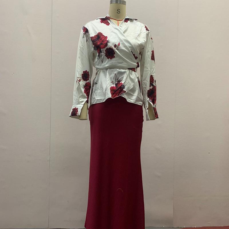 Women Skirt Set Turn Down Collar Print Floral Matching Sets Slim Fit Tight Waist Long Skirts Y2k Streetwear