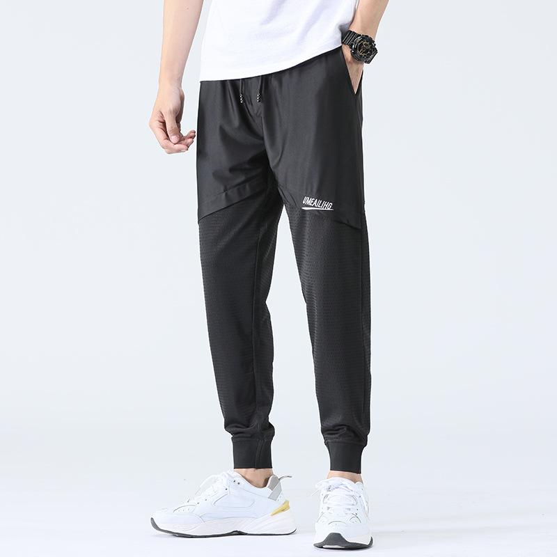 

Summer ice silk thin mesh casual pants men s air conditioner Harlan tied feet gray sports nine-point pants M чёрный